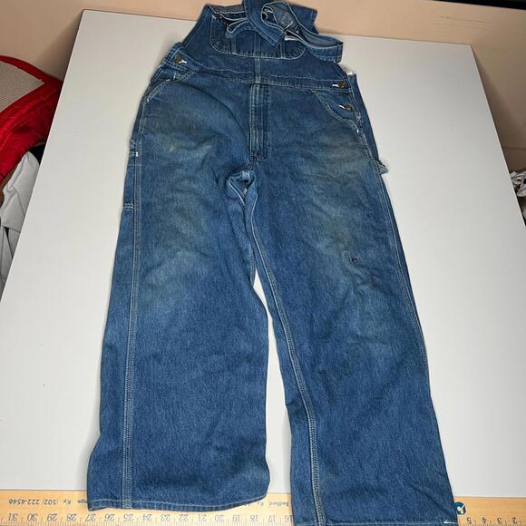 Carhartt Denim Bib Overalls 36x30 Blue Workwear Dungarees Made in Nicaragua - Picture 7 of 14